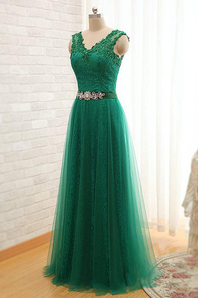 Elégante robe de soirée verte longue dentelle recouverte