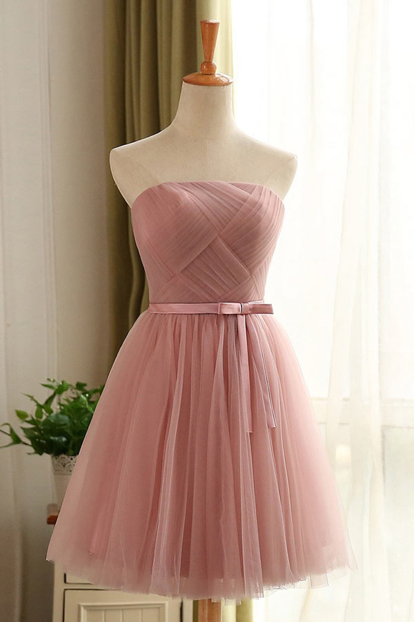 Robe cocktail mariage rose carnation bustier droit en tulle