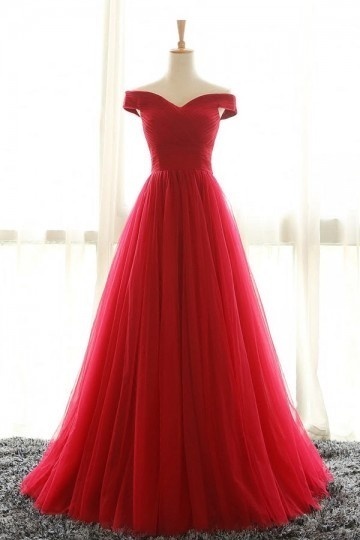 robe de mariée rouge longue épaule dénudé en tulle