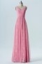 Robe rose flamingo cortège mariage longue col v en dentelle & tulle