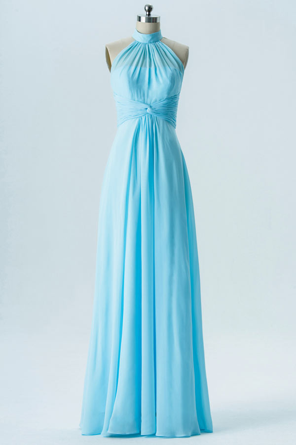 robe de soirée longue bleu épaule dégagée col haut taille plissé 