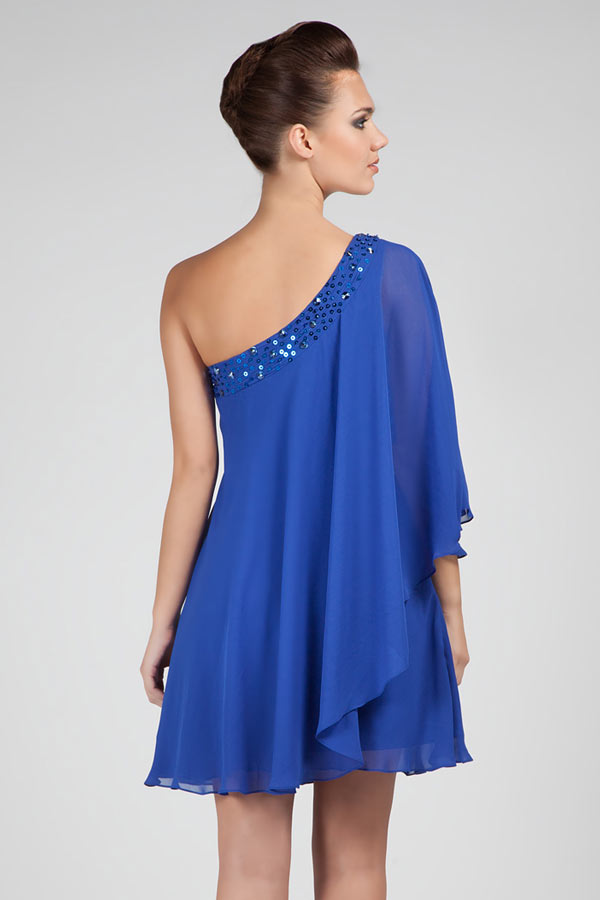 Robe de cocktail bleu courte asymétrique pailleté à voilage