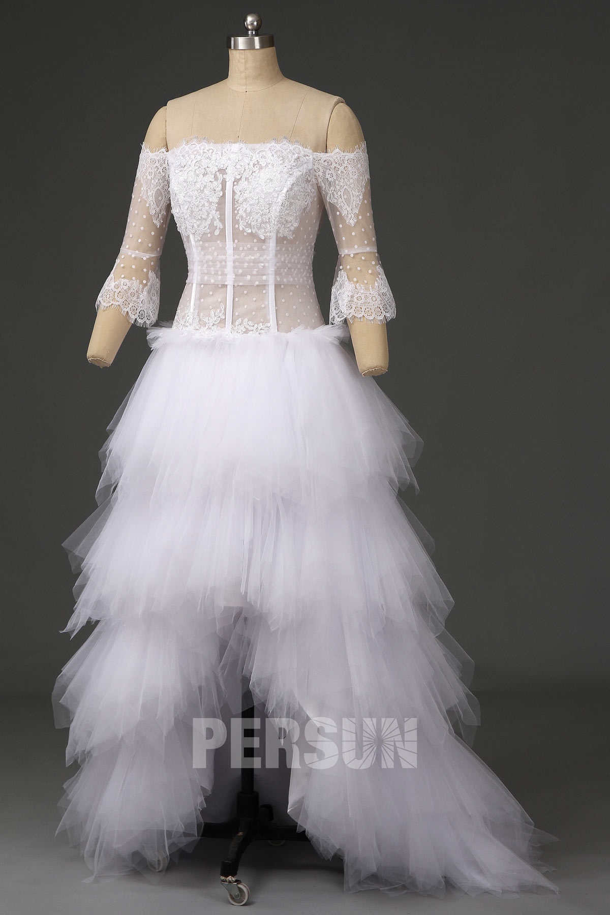robe de mariée courte devant longue derrière haut illusion épaule ouvert à manche jupe fantaisie