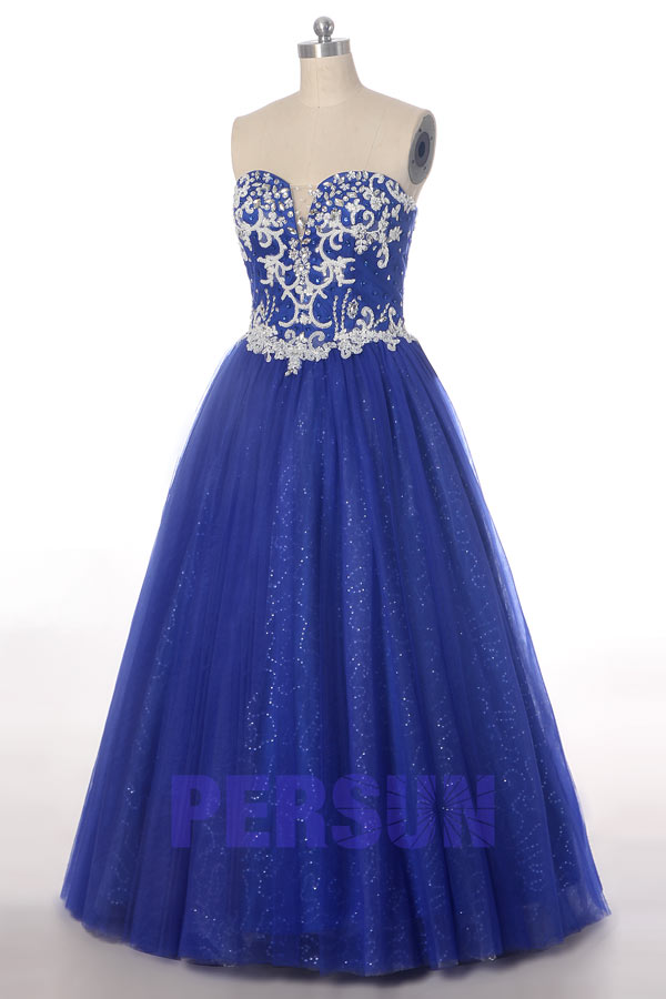 robe de soirée princesse bleu roi bustier coeur embelli de bijoux et sequins baroque