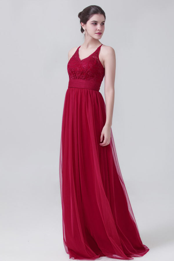 robe de soirée longue rouge bohème empire col v en dentelle florale