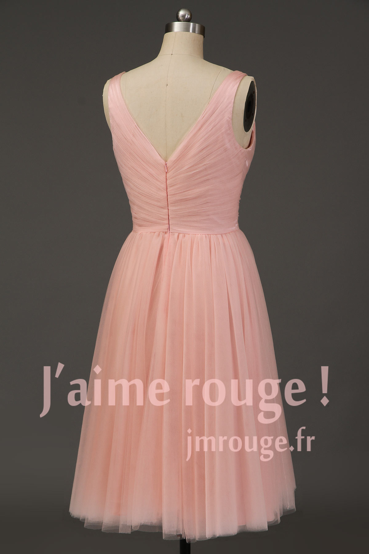 Robe de soirée rose princesse col en V plissé en tulle