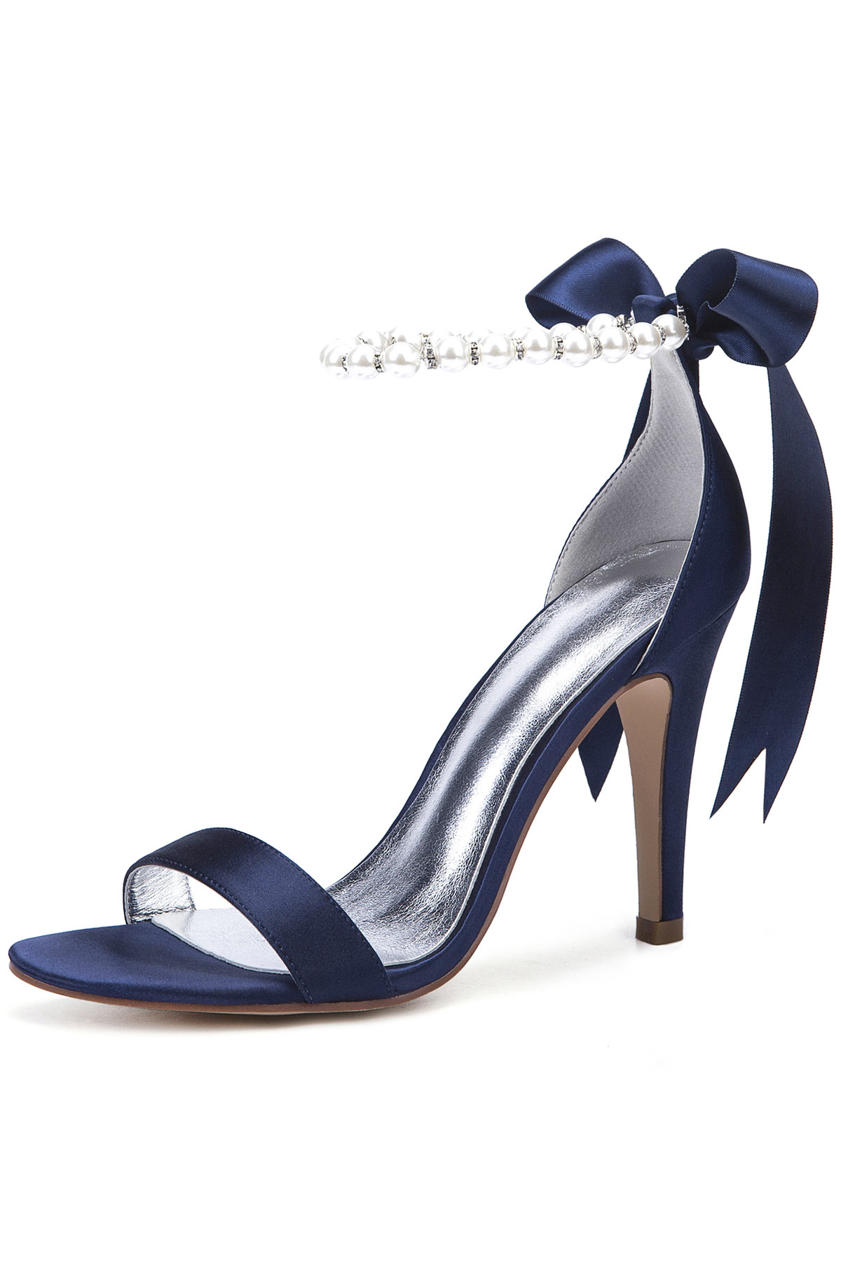 sandales à talon haut bleue avec bride embelli de perles et de noeud papillon