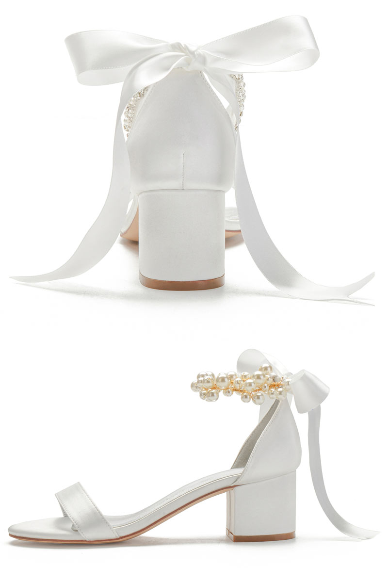 Sandales de mariage talon épais bride perlée noeud