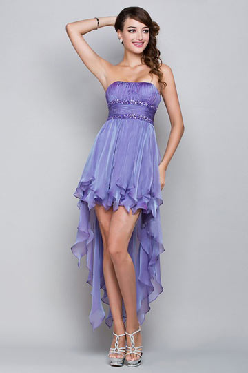 Robe de bal violette améthyste jupe fantaisie bustier vague courte devant longue derrière