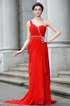 Elégante Robe de gala rouge asymétrique mousseline jupe drapée