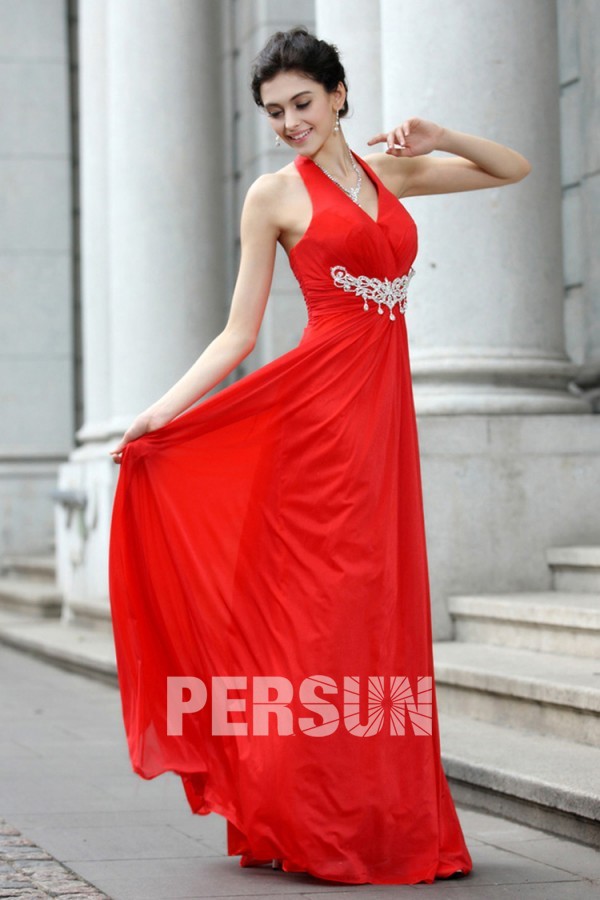 robe de bal rouge longue avec fermeture à glissière en mousseline