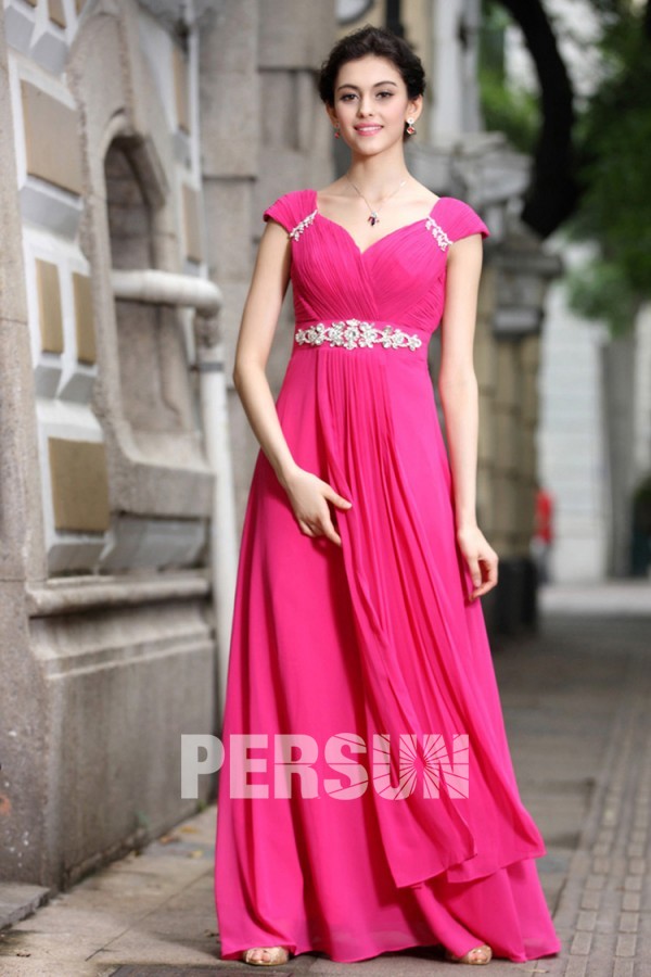 Elégante robe de soirée rose bonbon plissée à mancherons