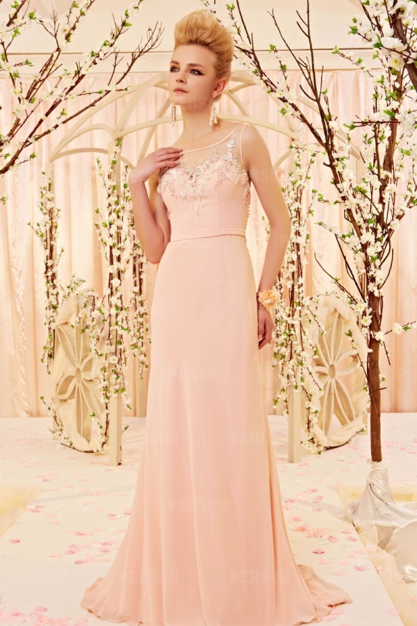 Elégante robe de soirée rose claire col bateau empire ...