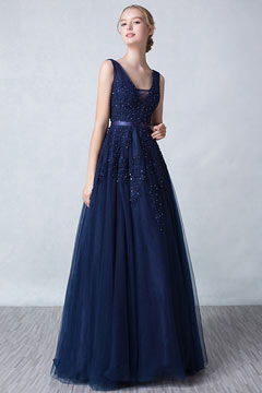 Princesse robe de soirée bleu nuit longue appliquée de dentelle