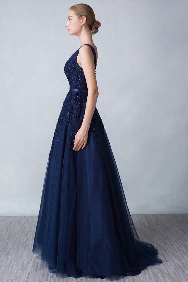 Princesse robe de soirée bleu nuit longue appliquée de dentelle