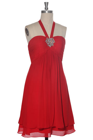 robe de cocktail rouge courte col halter orné de strass