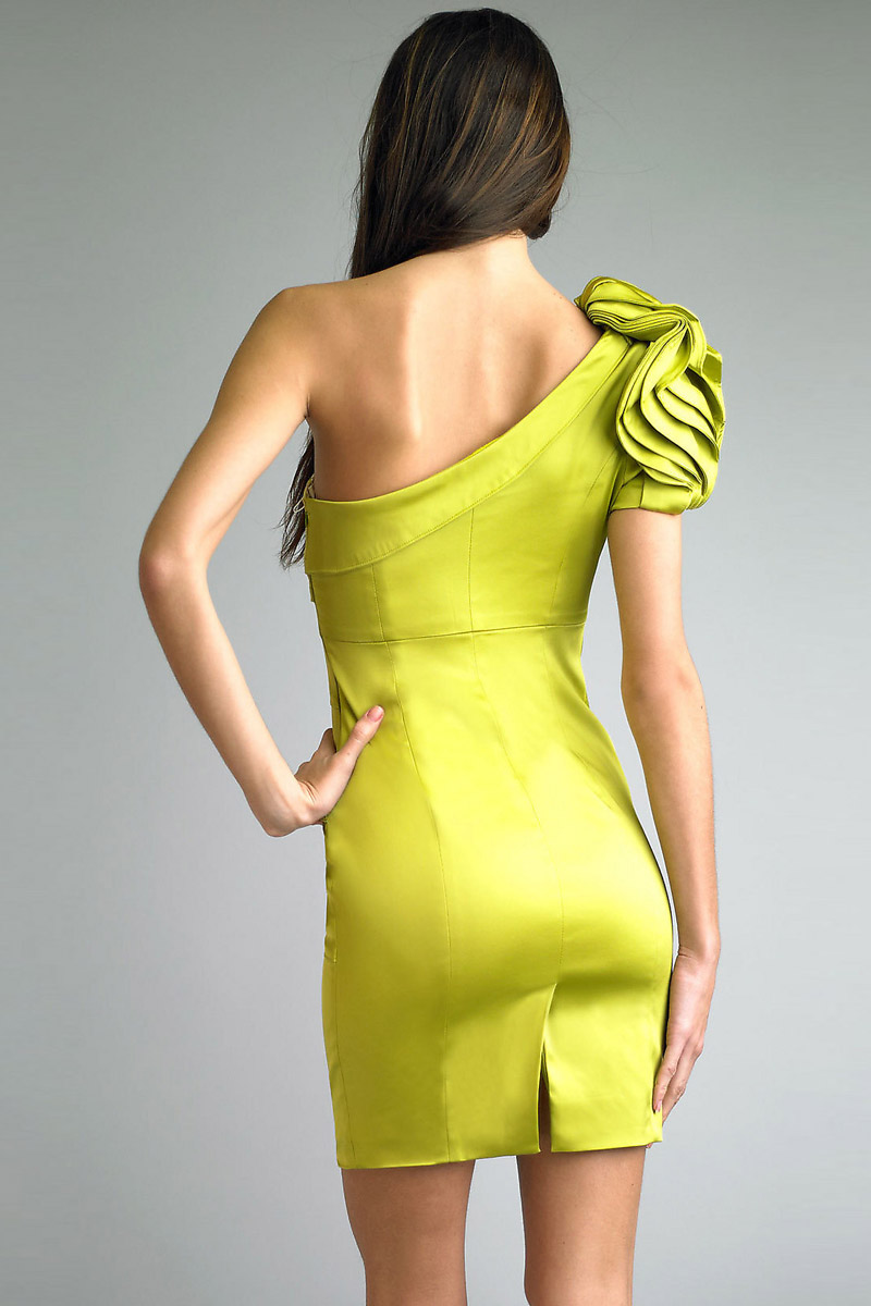 Robe de cocktail à seule épaule ruchée moulante en satin ...