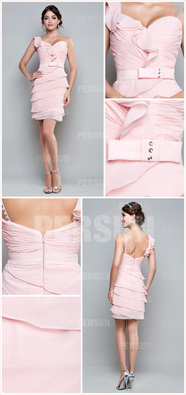  pink chiffon ruffles short formal dress details