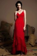 Sexy V Ausschnitt Ärmellos Langes Rüsche Rotes Abendkleid aus Chiffon