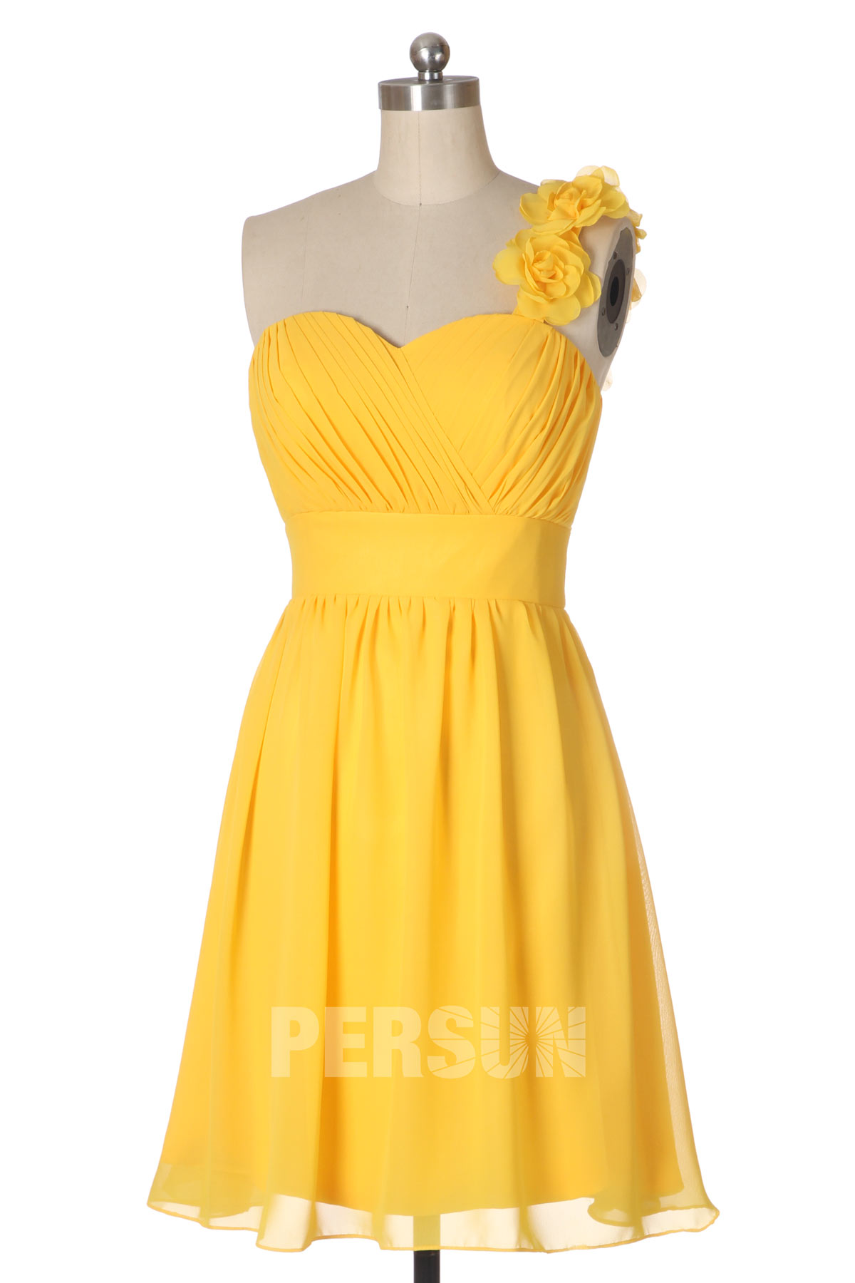 robe asymétrique pour mariage jaune courte embelli de fleurs plissé