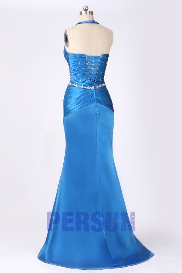 robe concours de beauté longue bleu avec fente orné de bijoux dos nu