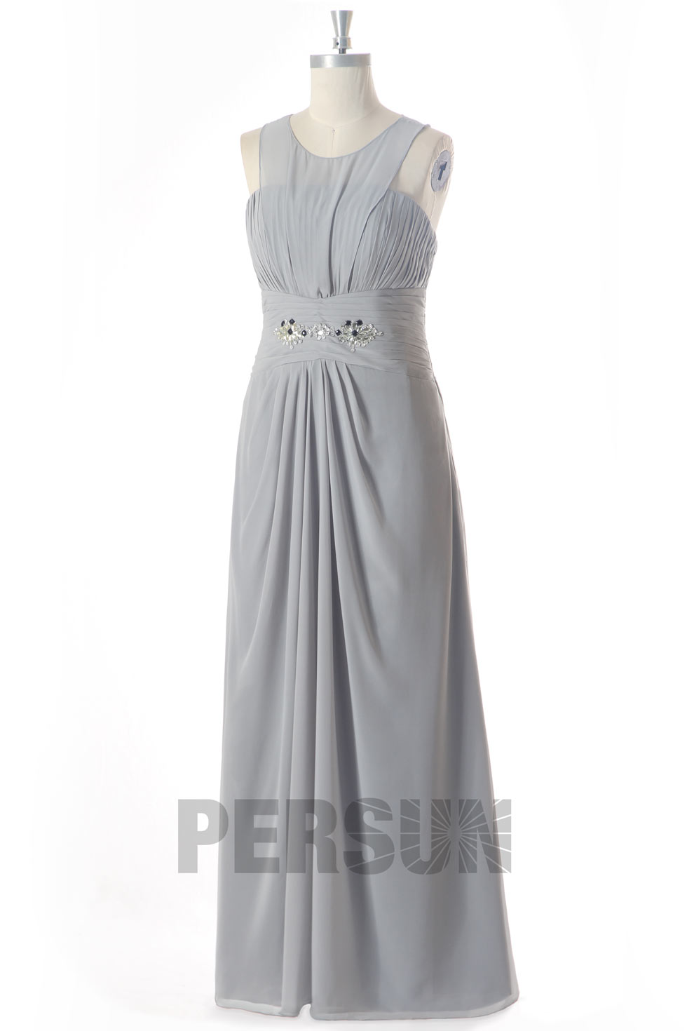 robe de soirée longue grise bustier plissé col illusion taille embelli de bijoux élégante