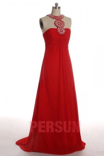 Robe de bal rouge élégante empire en Mousseline à cou embelli de bijoux