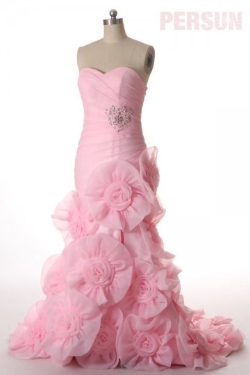 Robe de bal extravagante rose fendue coupe sirène à jupe fleurie
