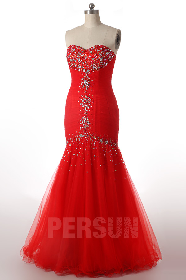 robe rouge habillée sirène bustier coeur orné de strass