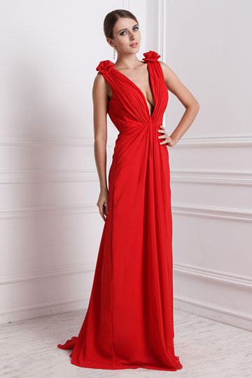 Rouge robe sexy longue encolure en V plongeant ornée de fleur