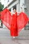 Robe rouge de bal asymétrique en mousseline polyester Empire