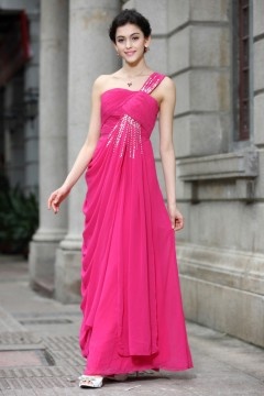 Elégante robe de gala asymétrique rose bonbon empire à jupe drapée
