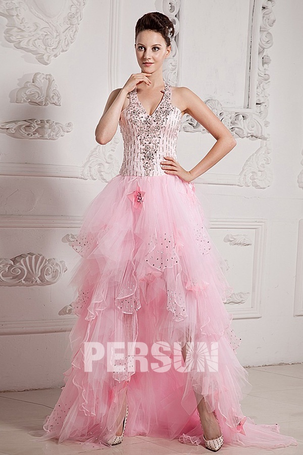 robe rose courte devant longue derrière halter perlé