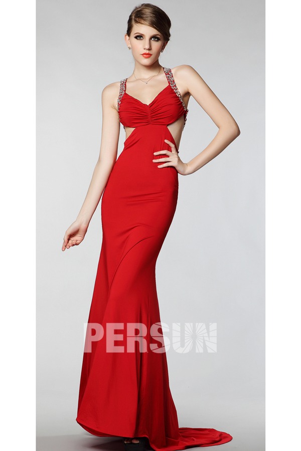 robe de soirée rouge sexy empire avec bretelle orné de strass