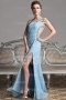 Sexy robe de gala asymétrique bleu pastel & dos nu & jupe fendue