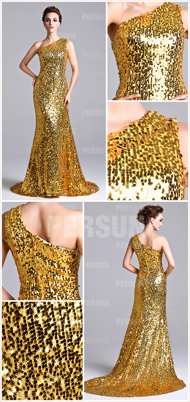  Yellow One shoulder Sequins Evening Formal Gown with Court Train