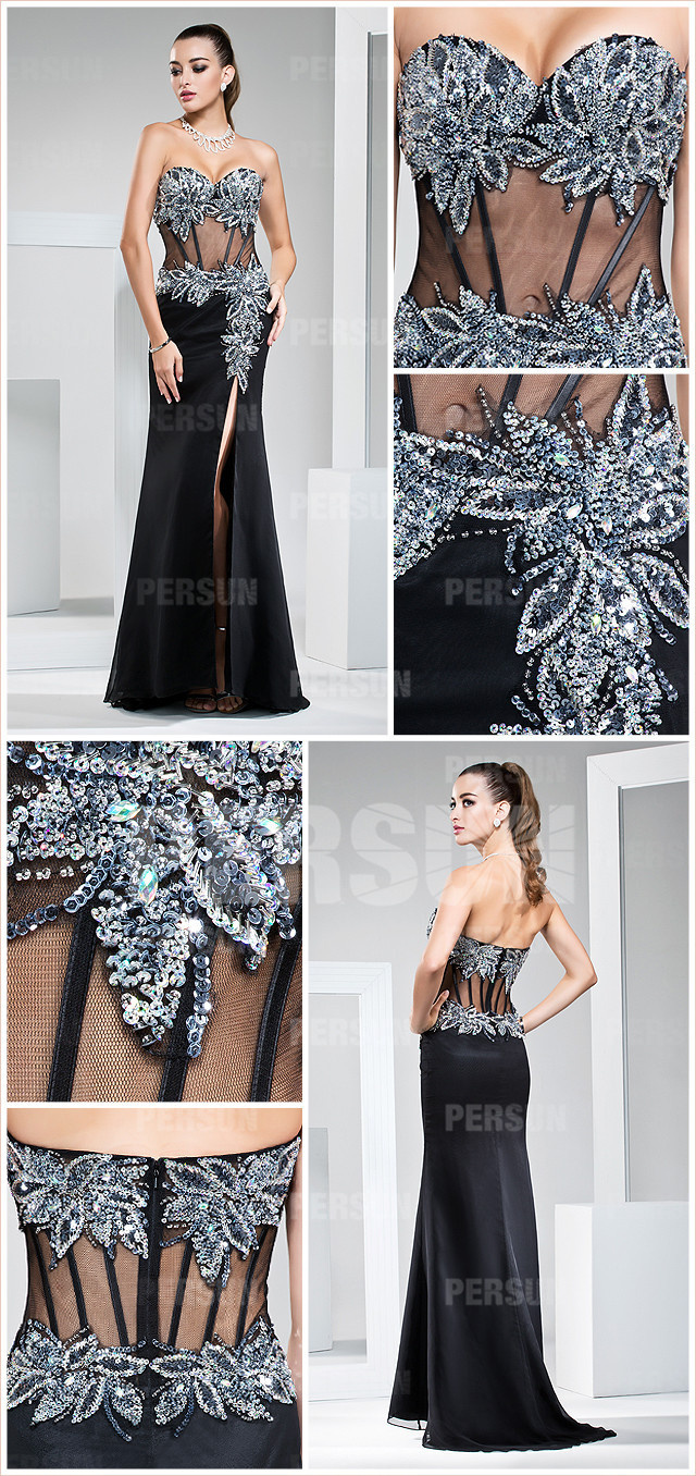  Sheer waist Formal Dress in Black with Beaded Sequins