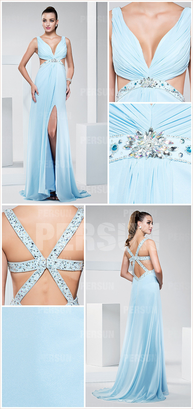 Elégante robe bleu azur dos sexy avec bretelles croisées
