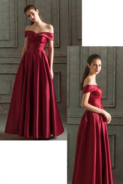 Robe de soirée rouge rubis classe pour mariage encolure bardot