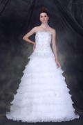 Ballgown trägerloses Perlen verziertes vielschichtiges Schnürung Hochzeitskleid mit Hof Schleppe