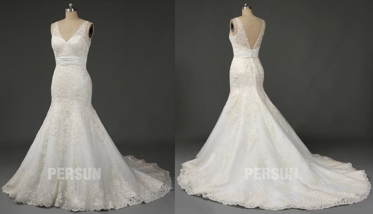 robe de mariée dentelle 2021 coupe sirène décolleté en V avec traîne Royale