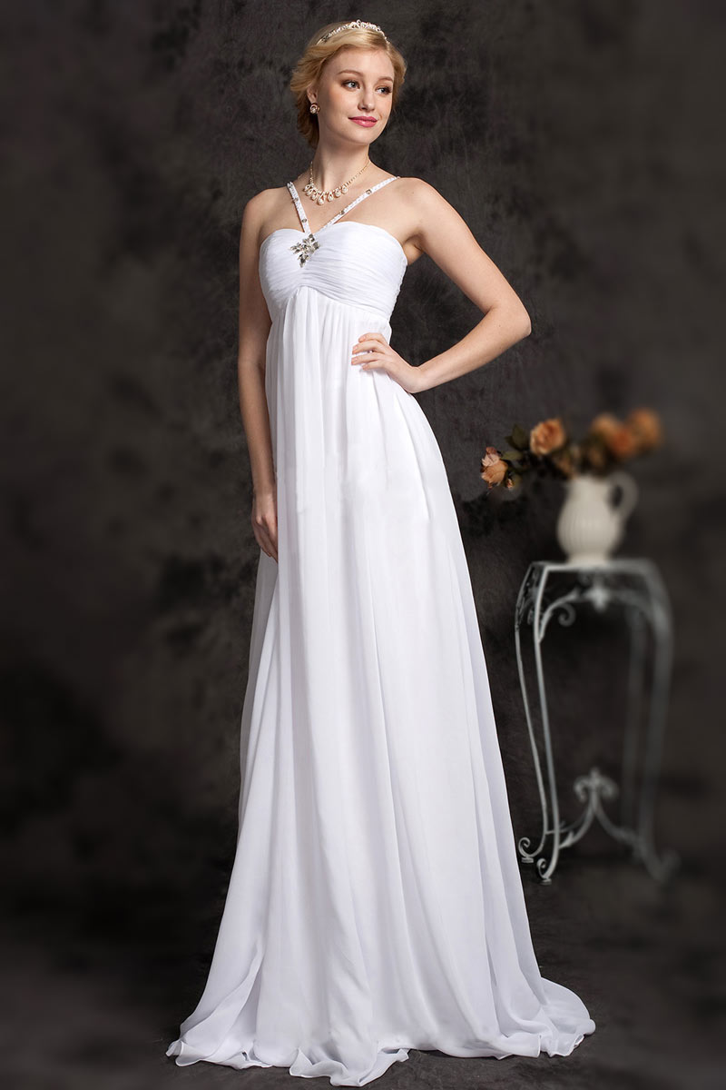 robe de mariée empire longue bustier drapé avec bretelle embelli de strass
