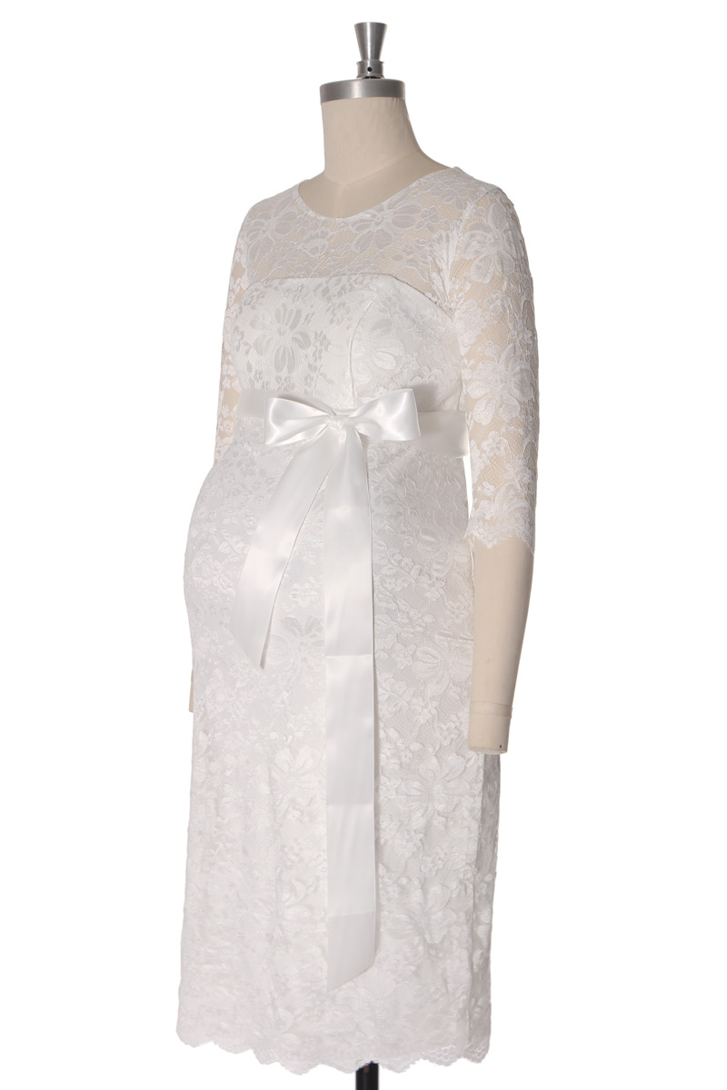 robe de mariée maternité moulant courte en dentelle illusion avec manches mi-longue