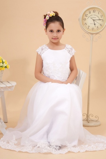 Cap Sleeves Tulle White Flower Girl Dress with Appliques WFCF0031 ...