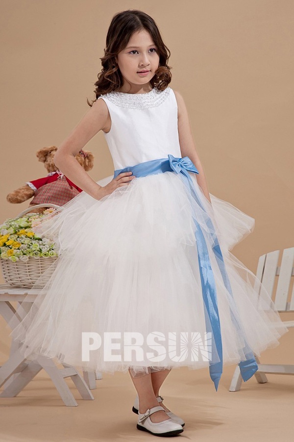 robe pour mariage enfant princesse avec ceinture bleu encolure embelli de strass