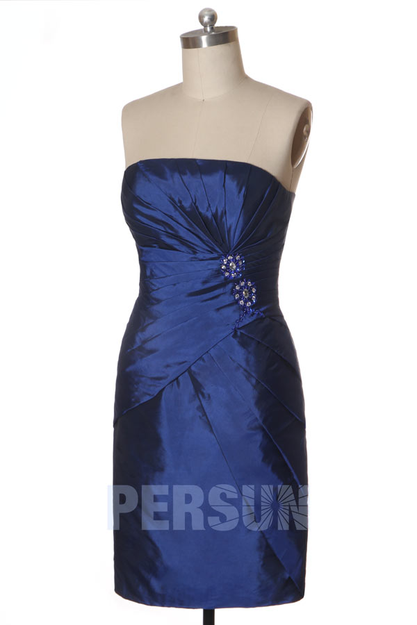 robe bleu courte pour cocktail de mariage bustier droit plissé et strassé