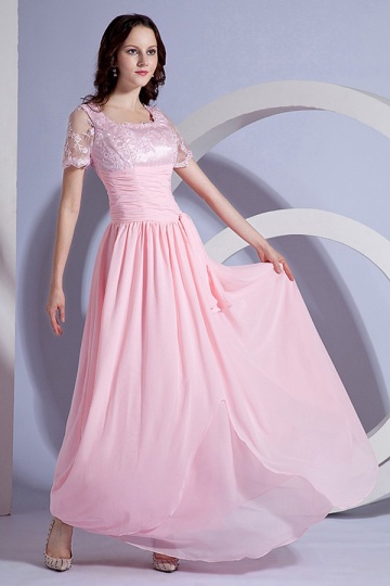 Robe mère de mariée rose empire plissée dentelles ligne-A
