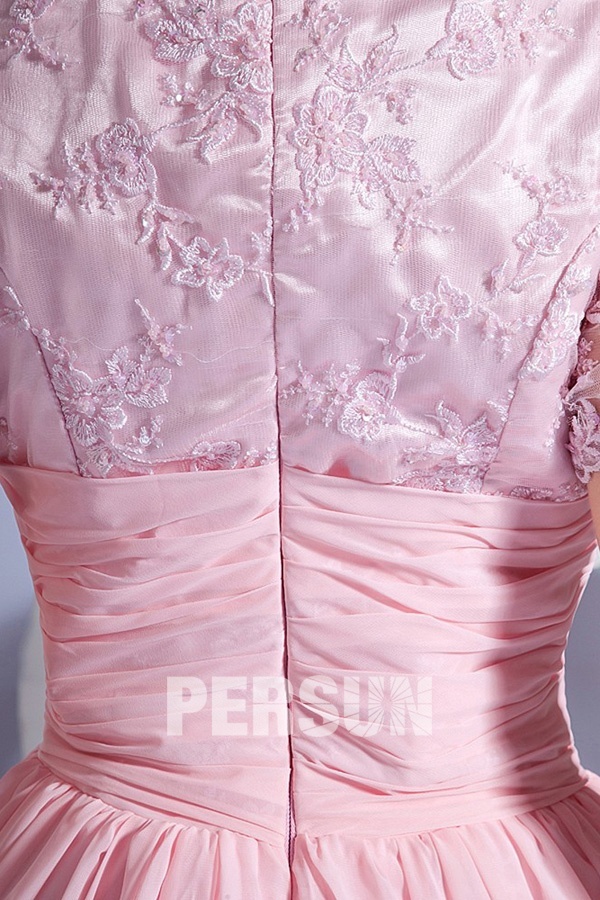 robe de bal rose longue plissé à haut en dentelle