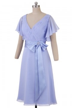Robe demoiselle d'honneur mi longue col V manches volantées