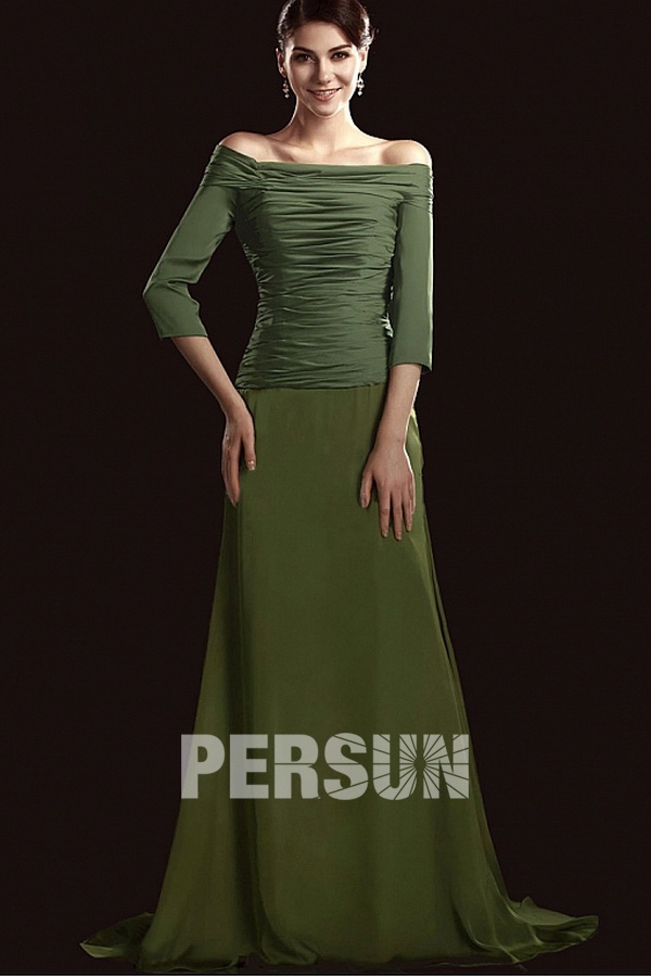 robe de soirée longue vert épaule dénudée haut plissé avec manches